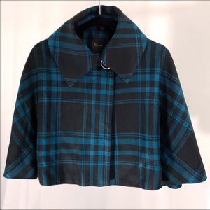 Express Black and Teal Plaid Cropped Swing Coat